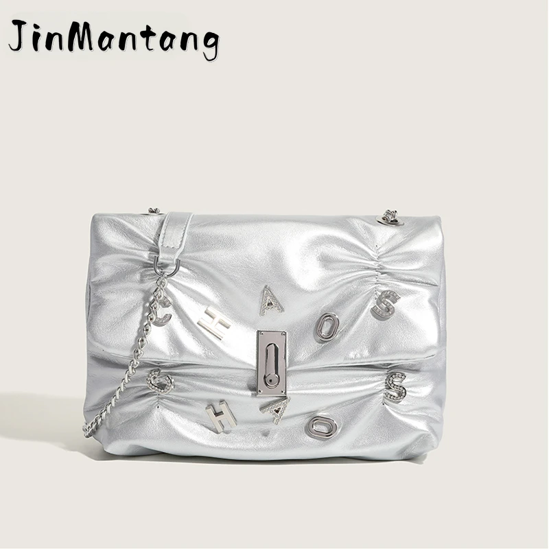 

JinMantang Fashion PU Leather ShoulderBags for Women2023Simple Designer Handbags Ladies Rhinestone Letters Chain Small SquareBag