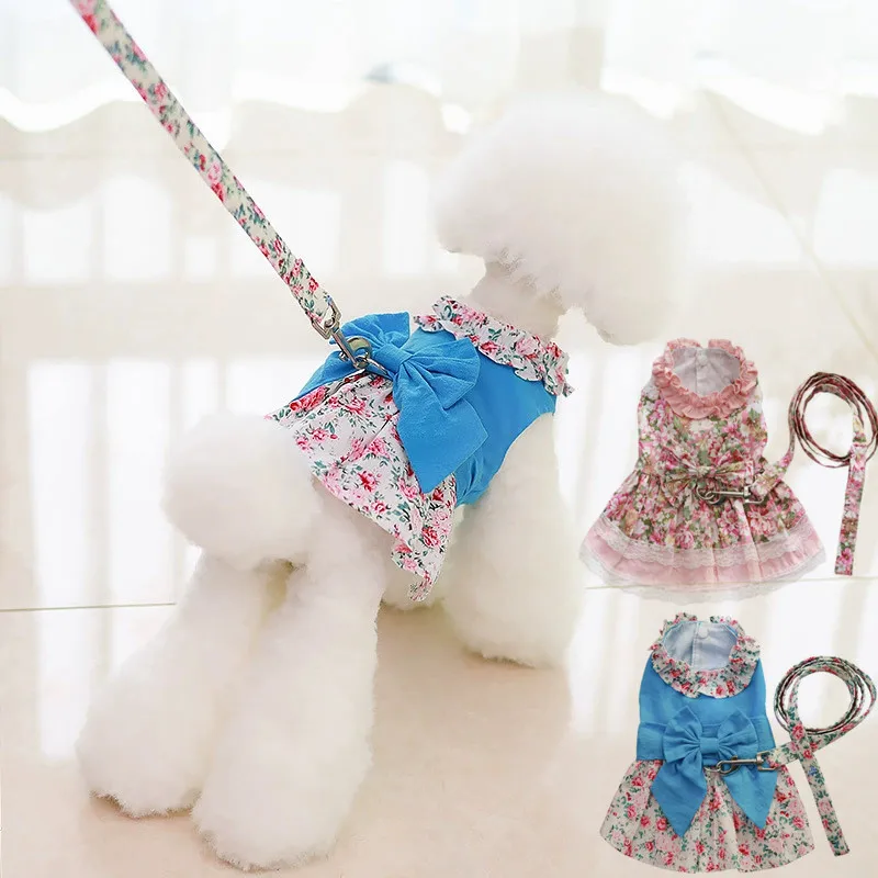 

Pet Dog Clothes Dog Princess Dress with Leash Summer Floral Bow Lace Dresses for Dogs Cats Wedding Dog Dresses Cute Pet Clothing