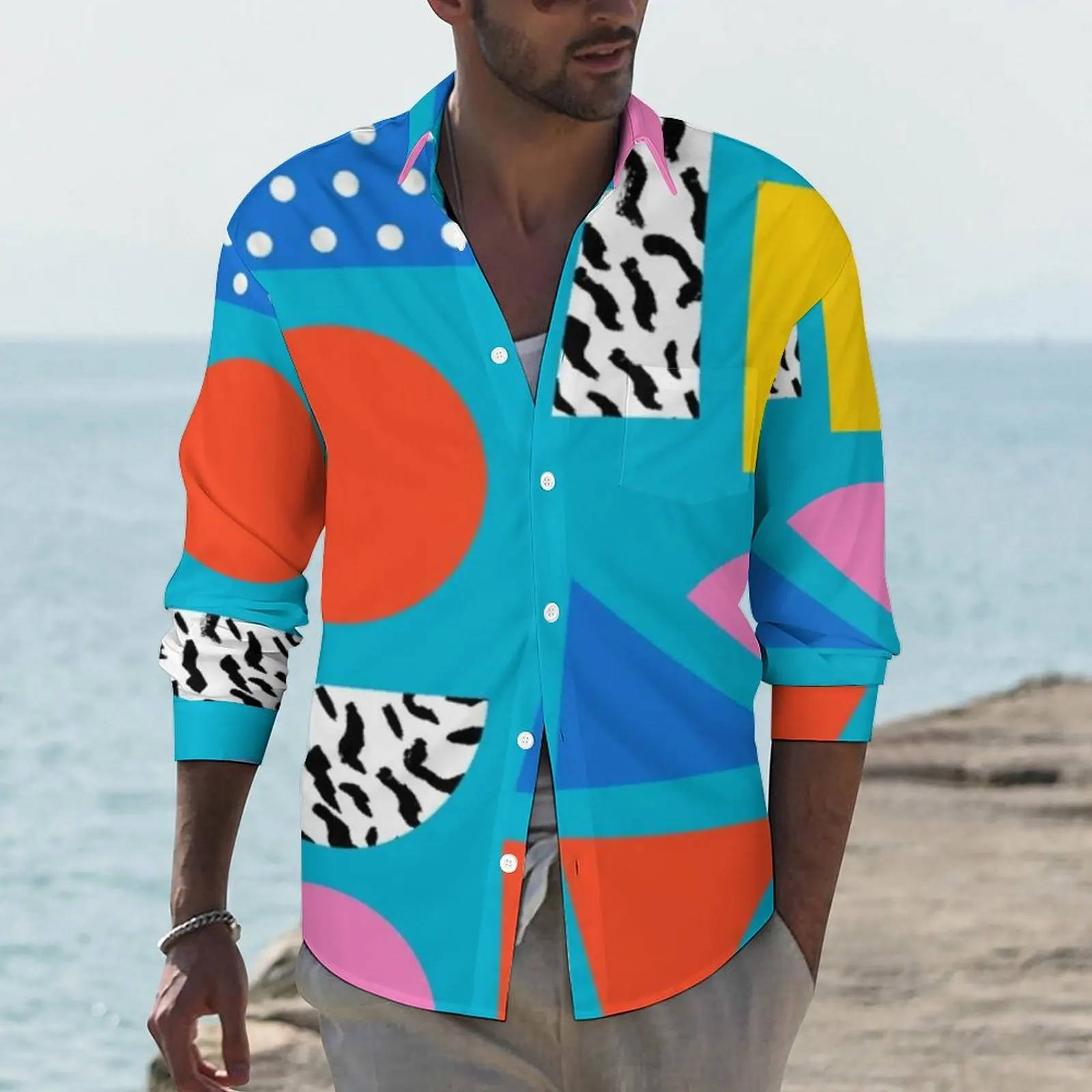

Memphis Retro Streetwear Casual Shirt Man Geometric Colorful Pattern Shirt Trending Blouses Long Sleeve Custom Oversize Clothing