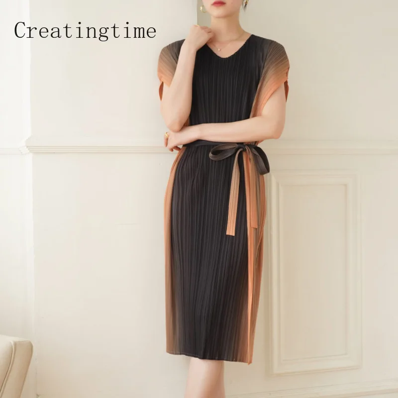 2023 Summer Gradient Color Pleated Dress For Women New Loose Casual V-Neck Short Sleeve Lace-up High Waist Fashion Dresses 1A741