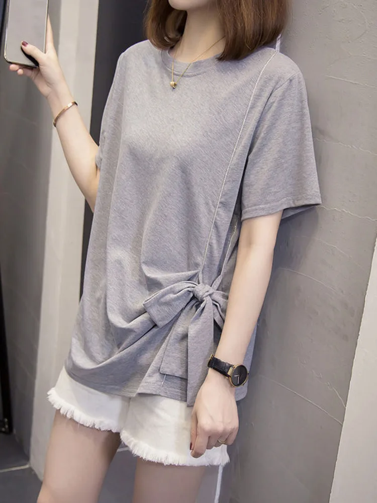 

Oversize L-4XL Basic T-shirt Female Summer Irregular Short Sleeve Large Tshirt Fat Casual Loose Cotton Bow Simple Loose Top