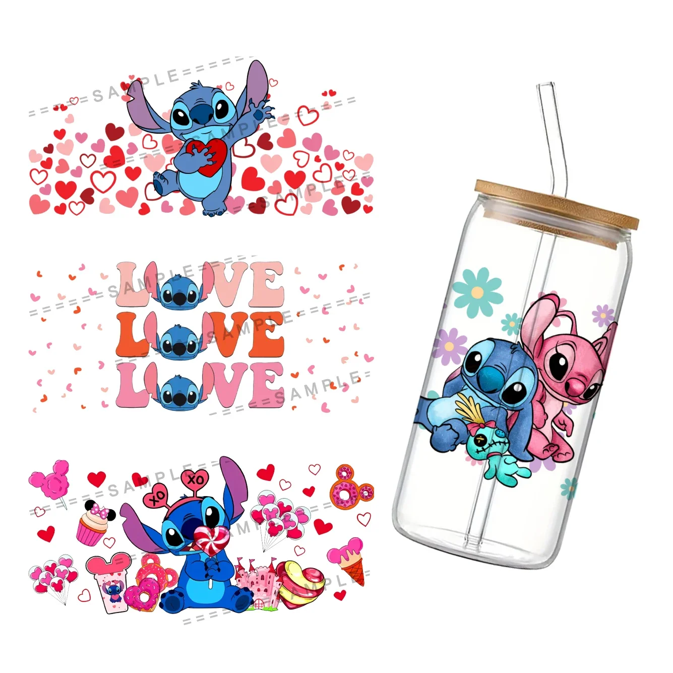 Фото Наклейка-переводка для стакана 16 унций Libbey Disney Stitch, 11x24 см, с УФ-печатью, тематика Дня святого Валентина, для самостоятельного изготовления №2