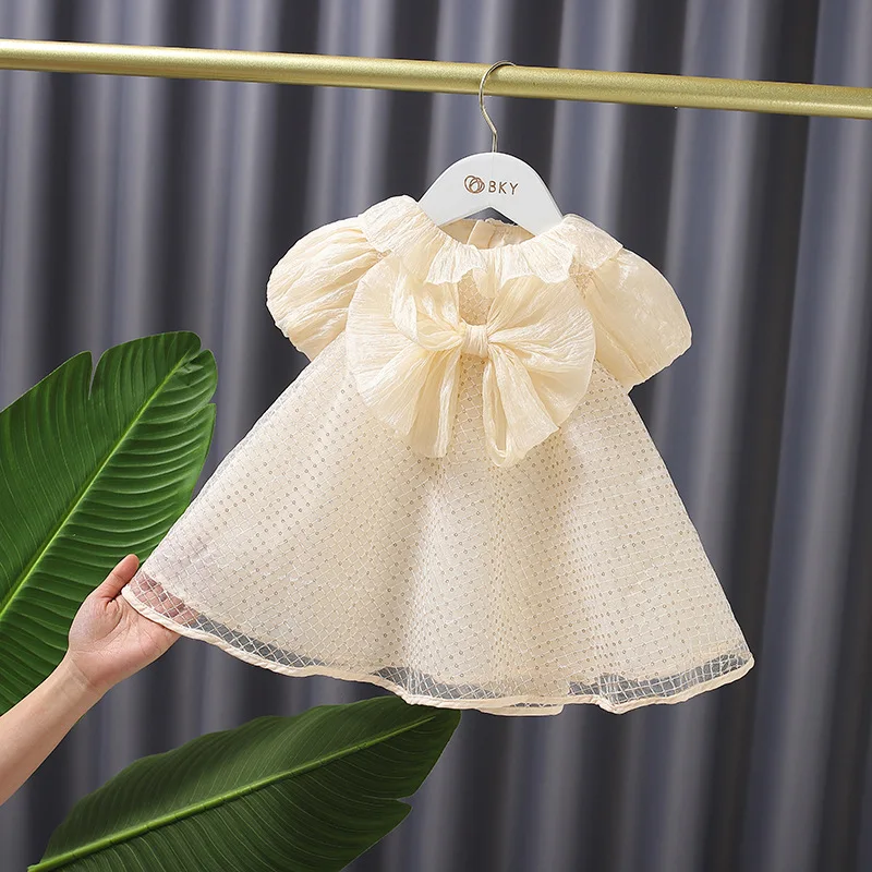 

Baby Girls Dress Summer Lotus Leaf Collar Bubbles Bowknot Brim Princess Dress With Short Sleeves Baby Infants Kids