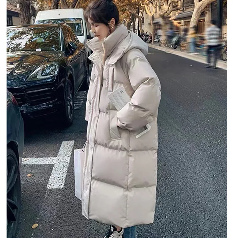 Blue Thickened Long Padded Jacket Women's Korean Loose Knee Length Cotton Coats Winter New Overcoat Ins Bread Trendy Parkas