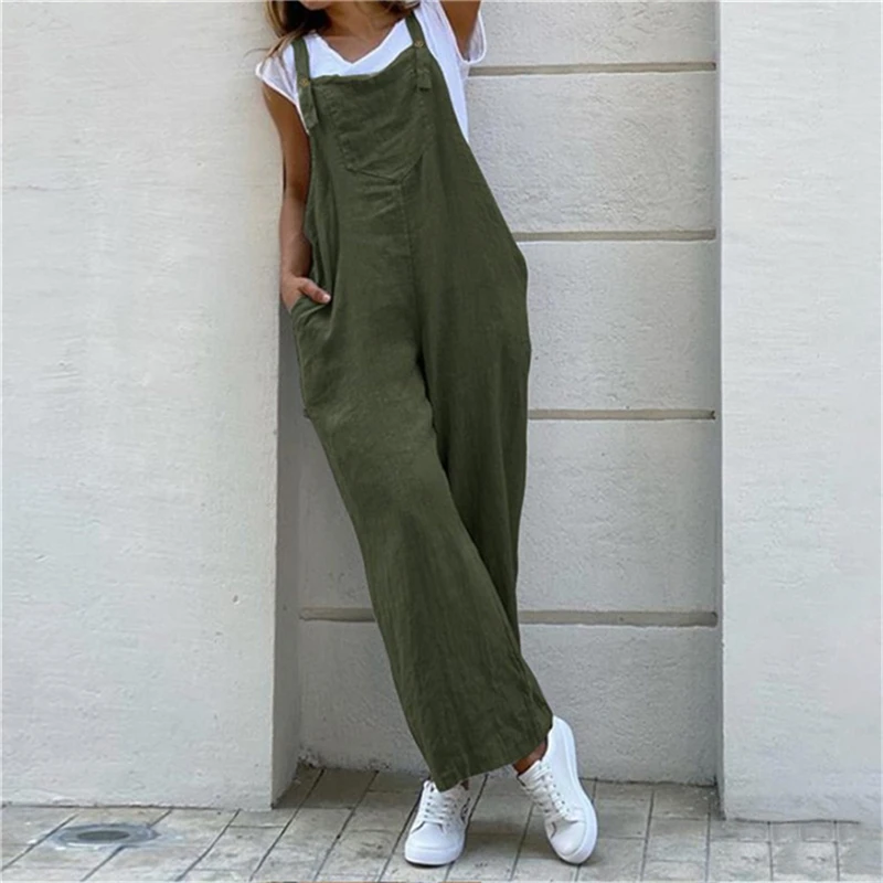 

Women Fashion Suspender Rompers Overalls Long Pockets Wide Leg Pants for Female 2023 Casual Solid Color Jumpsuits