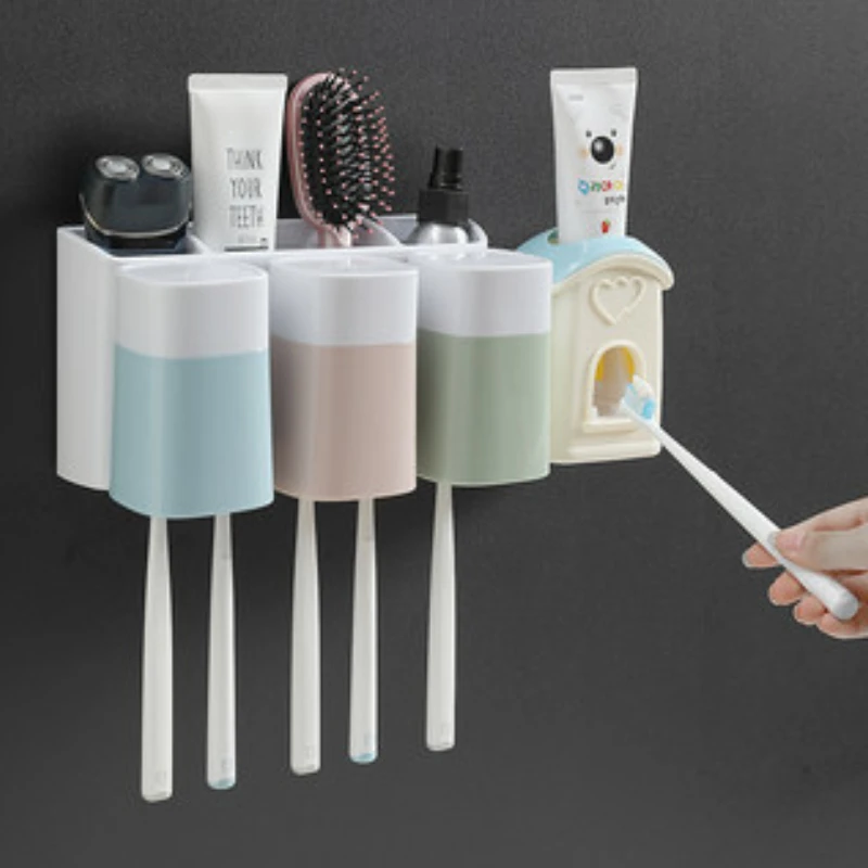 

ECOCO Family Shelf Bathroom Storage Box Three Cup Set Toiletries Basket Wall-mounted Creative Automatic Toothpaste Squeezing New