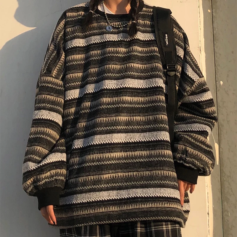 

Japanese Retro Stripes O Neck Sweaters Women Loose Casual Streetwear High Street Harajuku Knitted Tops Korean Chic Y2K Jumper