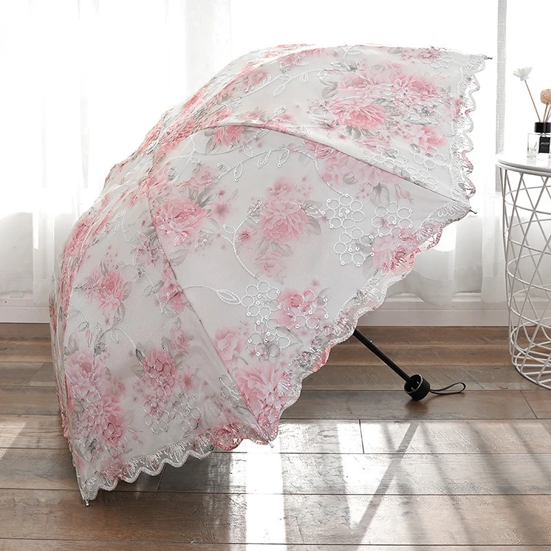 1pc Summer Sunscreen UV Protection Folding Umbrella Vintage Lace Princess Umbrella Outdoor Portable Dual-use Sunny Umbrella Rain