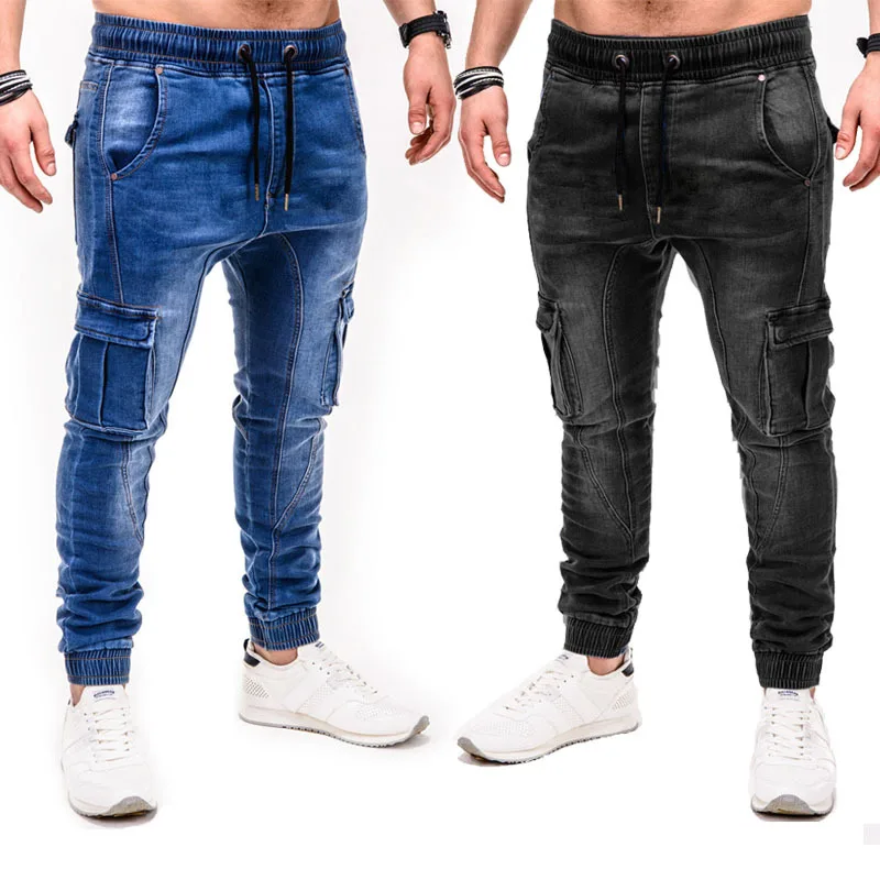 Men Jeans Spring Summer Solid Color Pocket Sports Stitching Jeans Men Casual Lace-up Mid-Waist Slim Denim Pencil Pants Trousers