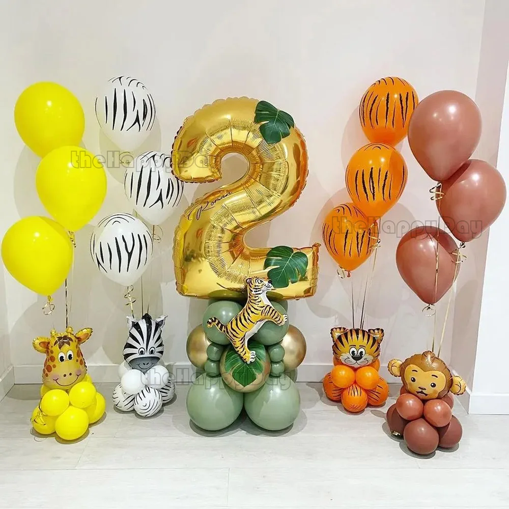 25Pcs Animal Birthday Balloons Gold Number Helium Balloon Plam Leaves Jungle Safari Wild One Party Decor Baby Shower |