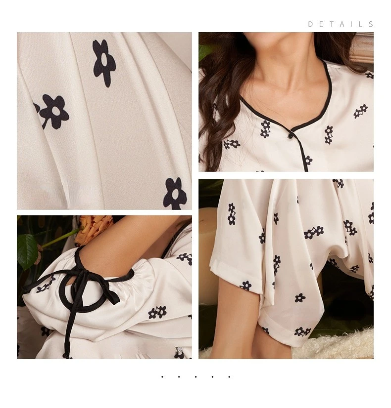 Women's 2 Piece Pajamas Sets Flower Print Pijama Suit Ice Silk Pyjama Female Sleepwear Long Bow Sleeve Shirt Trouser Homewear