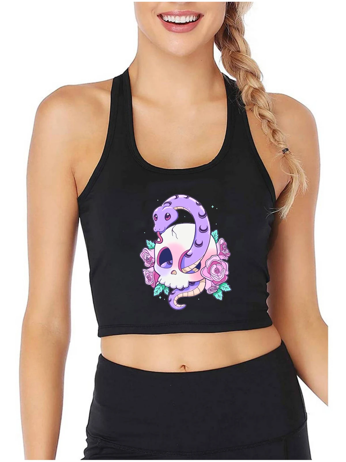 

Kawaii Pastel Goth Creepy Serpent Snake Skull Demo Graphic Tank Tops Women's Gothic Sexy Slim Fit Crop Top Halloween Camisole