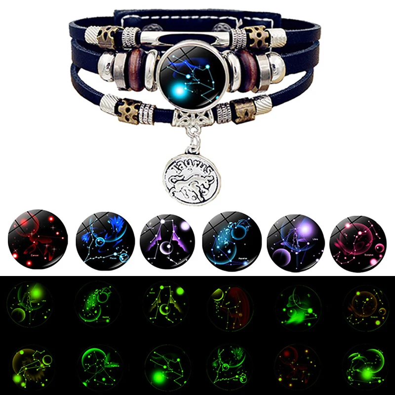 

Luminous 12 Constellation Vintage Bracelet for Men Women Braided Punk Leather Bracelets Birthday Gift Glow In The Dark Bracelet
