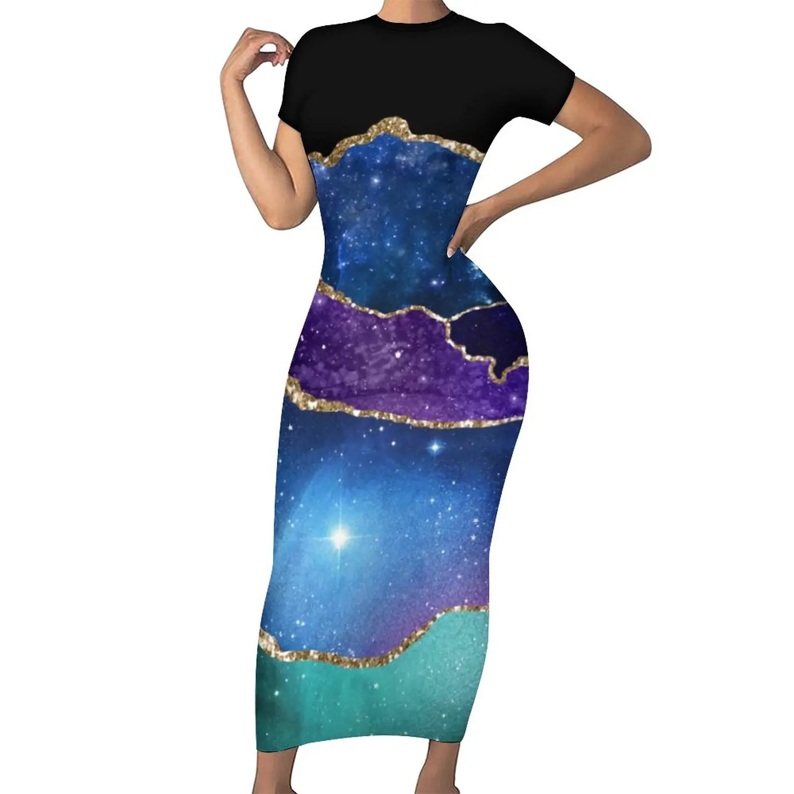 

Purple Teal Gold Glitter Marble Dress Elegant Galaxy Pirnt Street Bodycon Dress Modern Maxi Dresses Custom Oversized Clothing