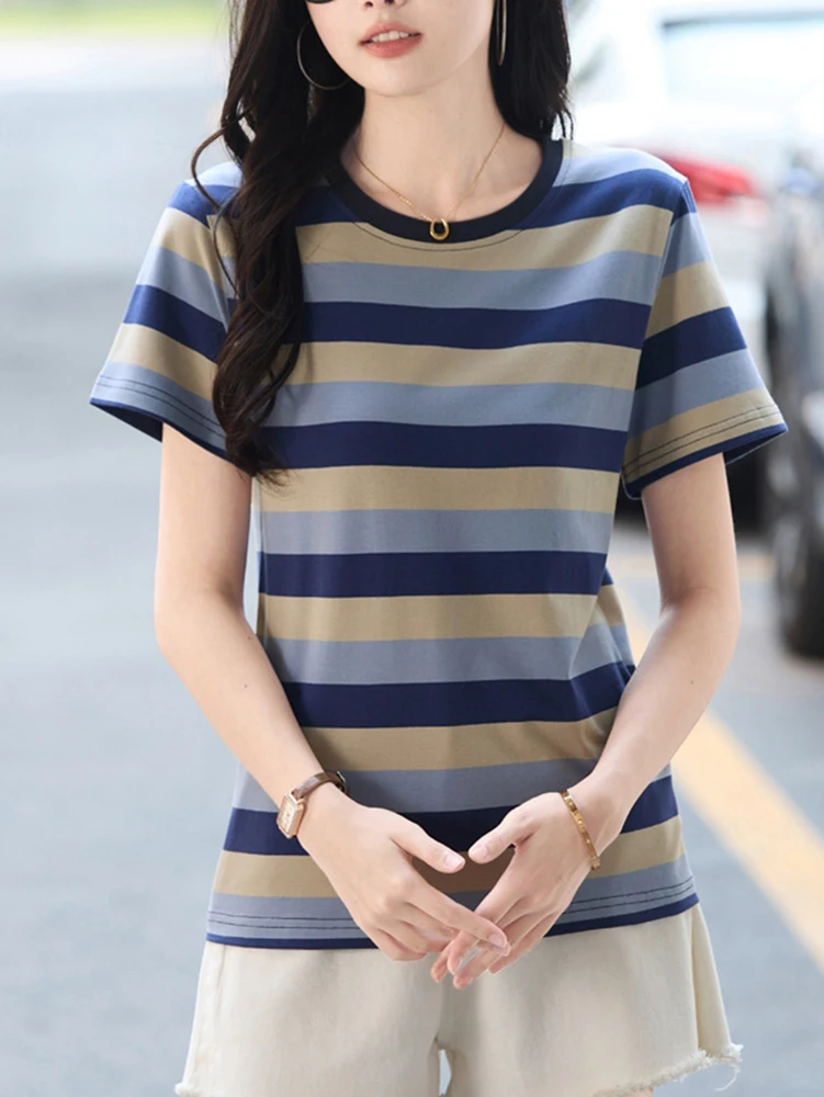 Летние женские футболки с короткими рукавами 2025 г. свободные топы круглым