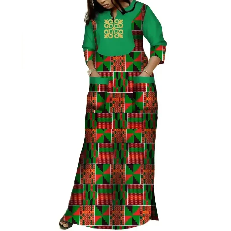 Африканские платья Dashiki для женщин длинные с аппликацией Bazin Riche и принтом двумя
