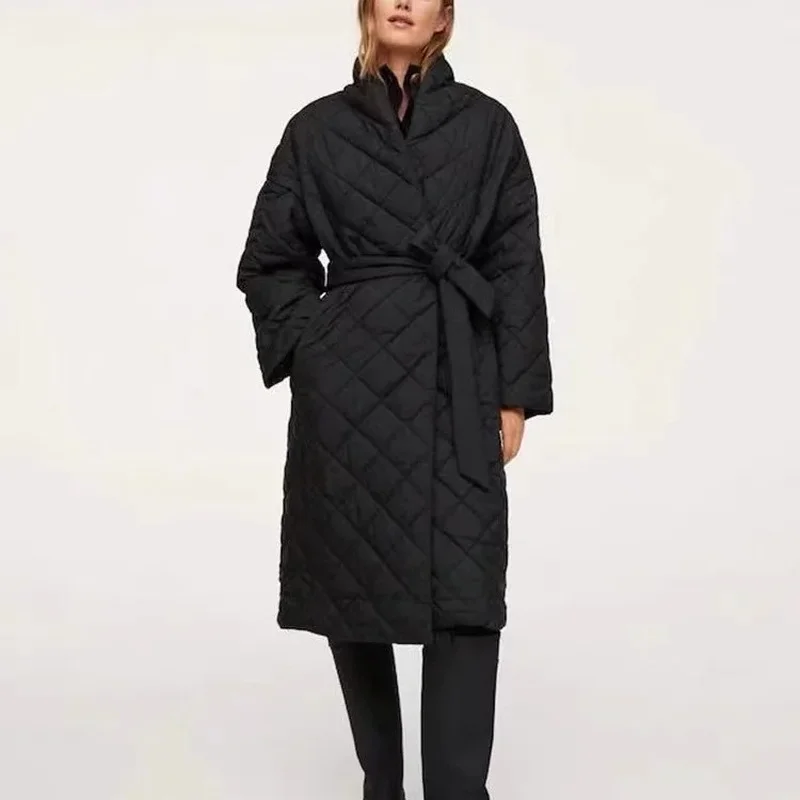 Fall/Winter 2023 Women's Loose Thin Waist Lace-up Jacket Temperament Commuter Lingge Pressing Line Mid-length Cotton Jacket