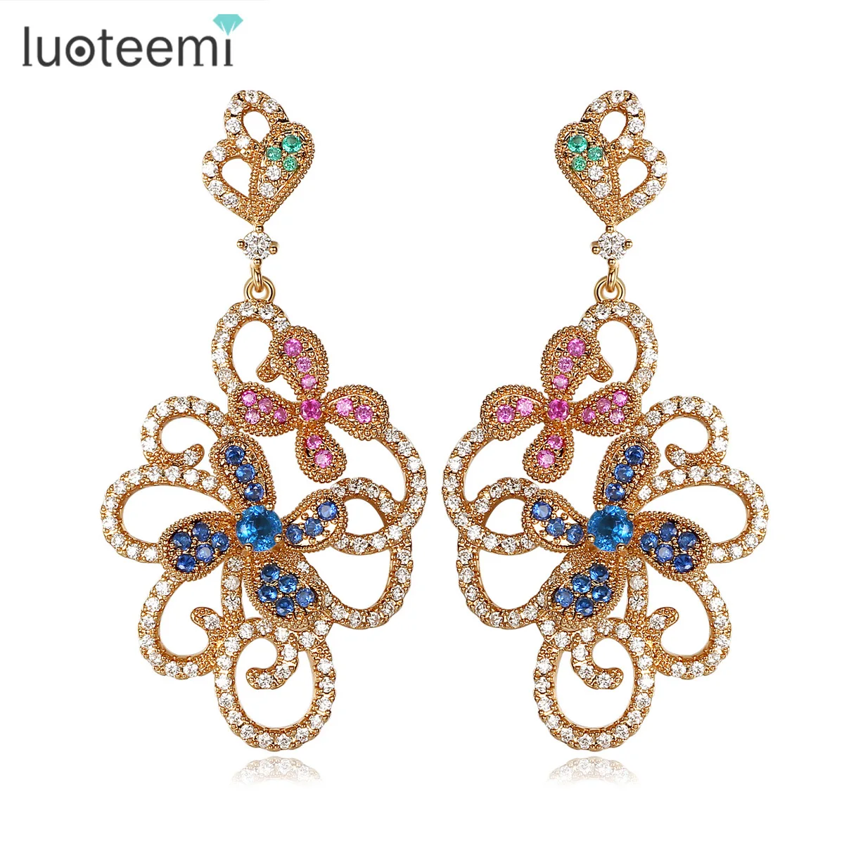 

LUOTEEMI Chanpanged Gold / White Gold-Color Vintage Big Flower Drop Earrings Micro Paved Cubic Zircon Bridesmaid Wedding Women