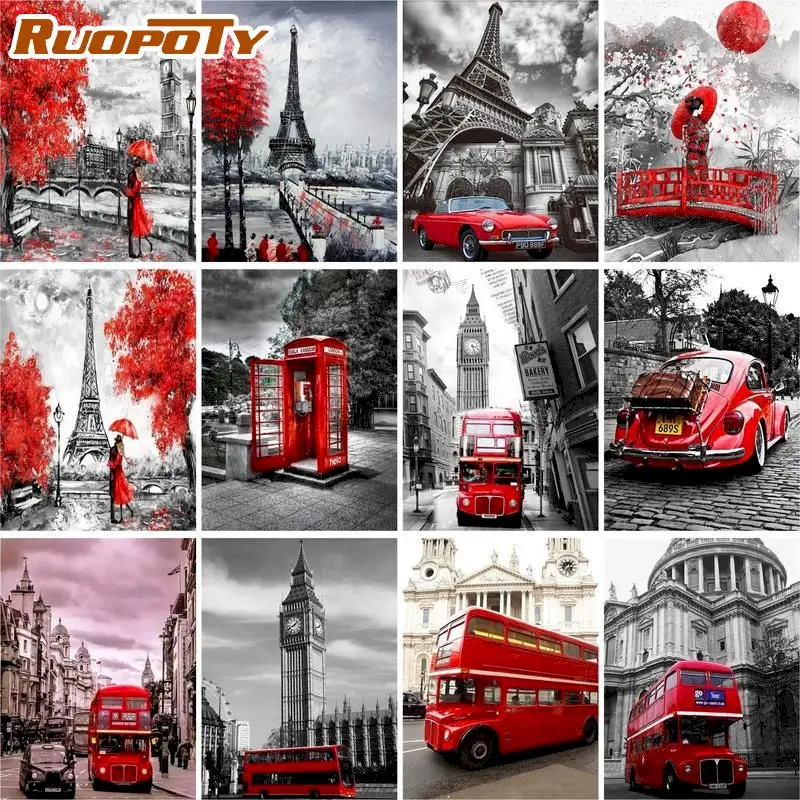 

RUOPOTY Oil Painting By Numbers Black Red City Scenery Acrylic Drawing Canvas Picture For Adults Home Decoration Artwork Gift