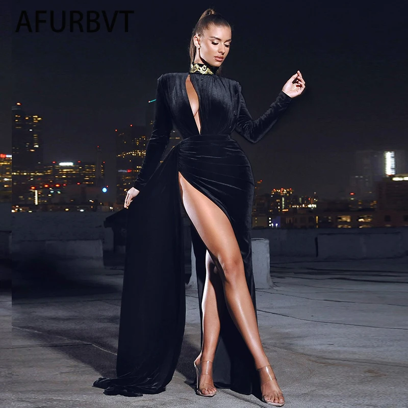 Women Elegant Velvet Prom Dress Sexy Hollow Out Crew Neck Long Sleeve High Split Fashion Evening Party gowns