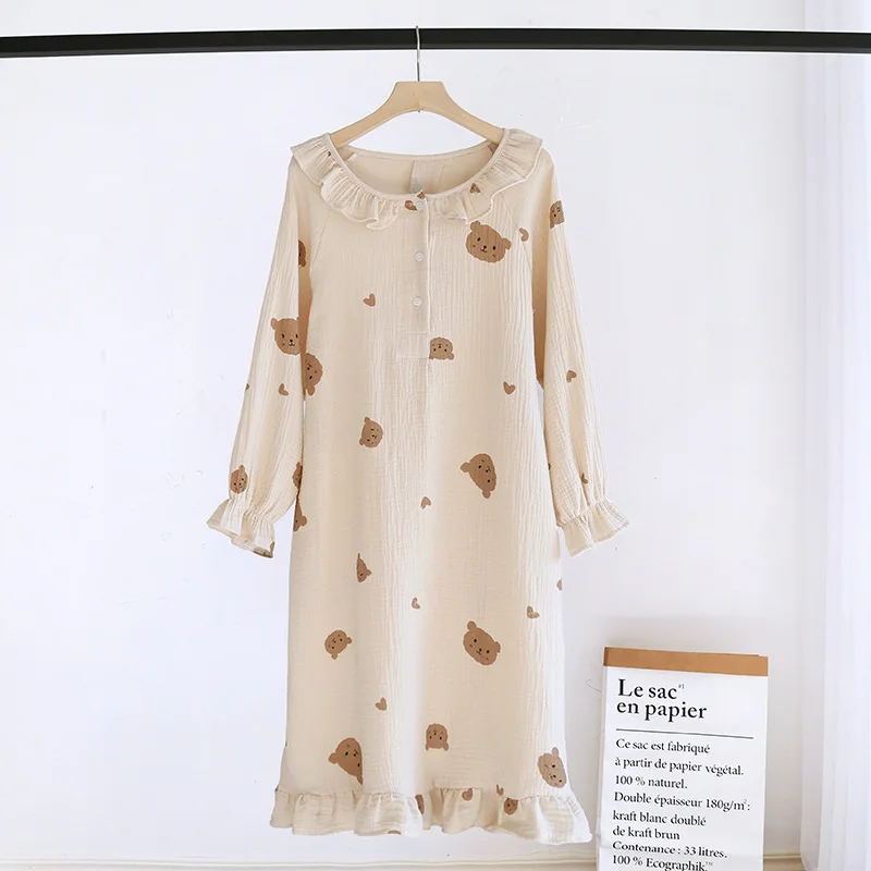 Girl Nightwear Women Pajamas Half Cardigan Over Knee Long Sleeve Cotton Crepe Sleepdress Four Seasons Thin Loose Midi Nightshirt