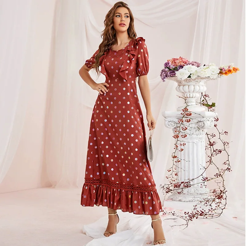 

Women Casual Elegant Maxi Dresses 202 New Summer A-Line Puff Short Sleeve Ruffled Print Swing Turkish Evening Party Robe Vestido