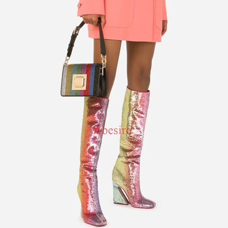 

Women Knee Boots Bling Colorful Mixed Colors Round Toe Chunky Shaped Heels Street Style New Luxury Design Shoes