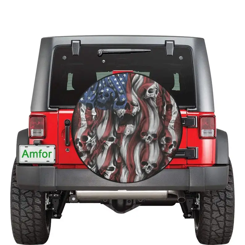 

Skull American Flag Spare Tire Cover(Large)(17")-Skull Jeep Accessories-Skull Car Accessories-