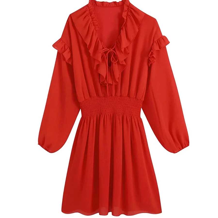 

Увяженное простое вечернее платье 2022 в английском стиле красного цвета, женское модное мини-платье с каскадными оборками и V-образным вырез...