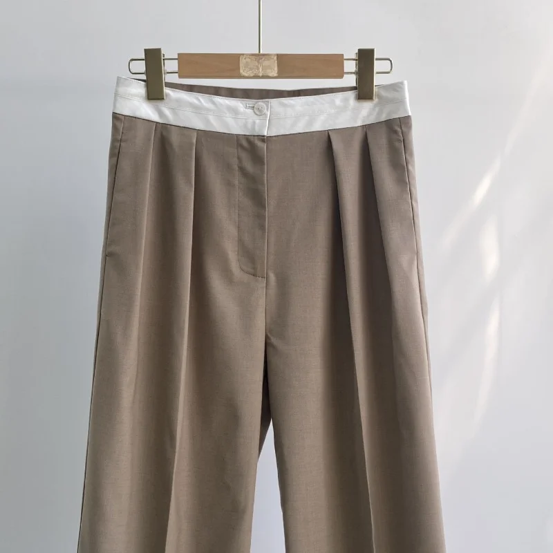 Th*r0* Women Wool Pants High Waist Button Straight-leg Suit Pants Career Loose Fitting Lady Casual Pants Traf Pantalon