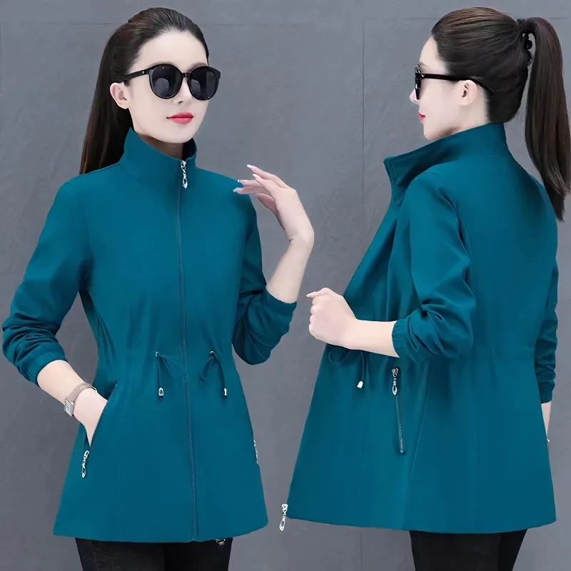 

Windbreaker Women Mid Length Outerwear 2023 Spring Autumn New Korean Waist Jacket Trench Coat Female Basic Coat Black Clothes