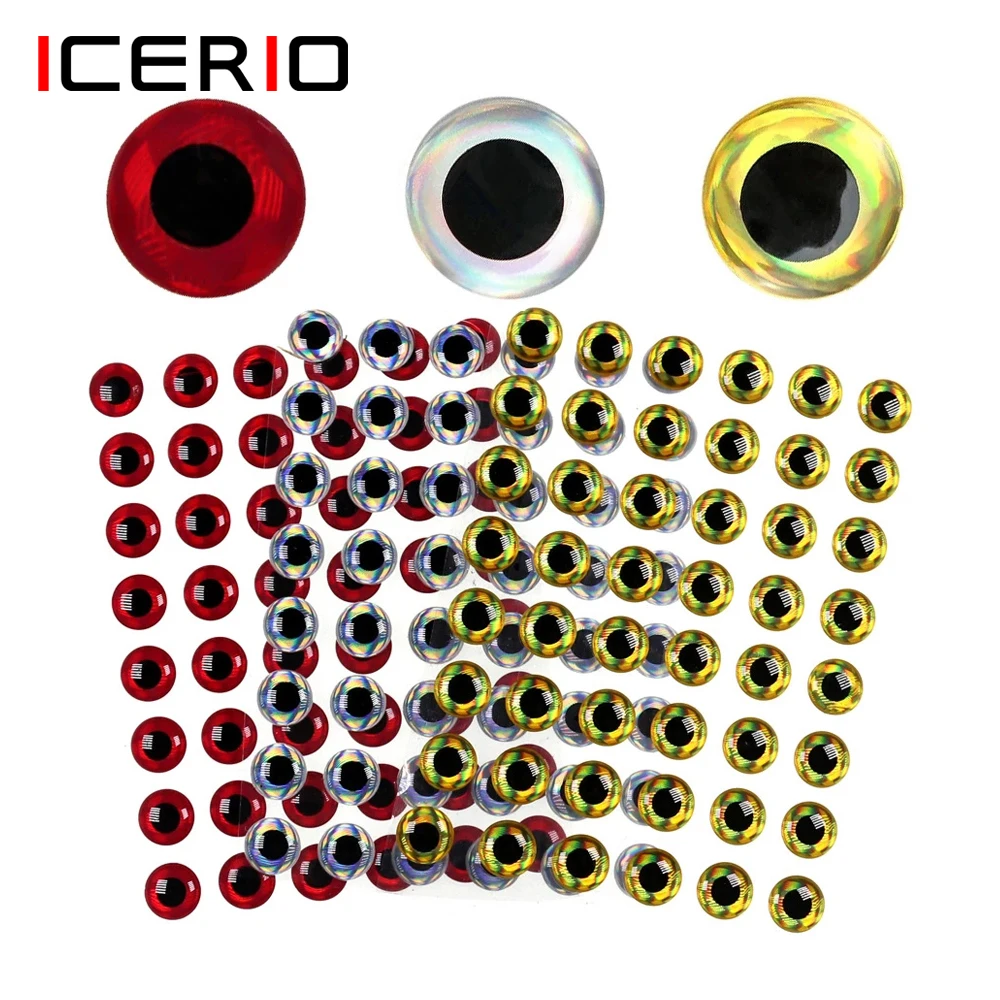 

ICERIO 100PCS Holographic 3D Epoxy Fish Eyes for Fishing Fly DIY Lures Jig Baits Crankbaits Making Material Gold Red Silver