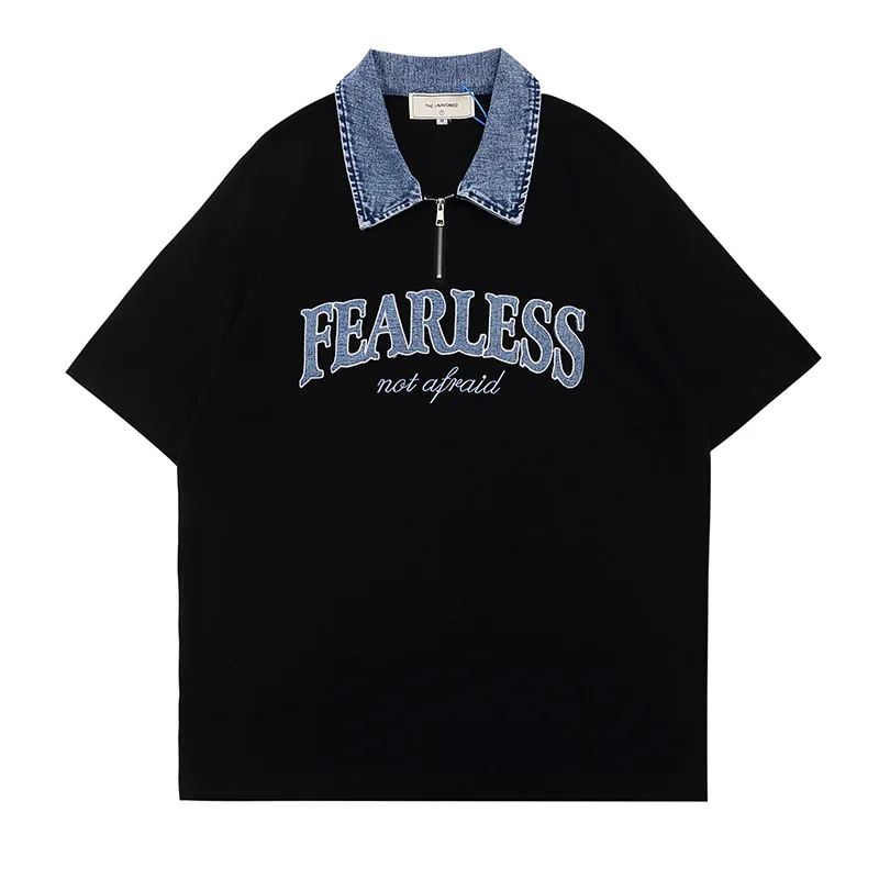 

Trendy Letter Patch Short Sleeve T-shirt for Men High Street Color Matching Lapel Half-sleeve Tees Male Casual Loose Polo Shirts