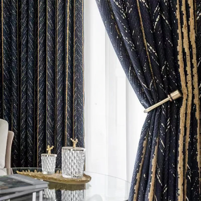 

Nordic Light Luxury Curtains for Living Room Dark Blue Vintage Striped Fish Bone Cortina Thickened Blackout Curtains Home Custom