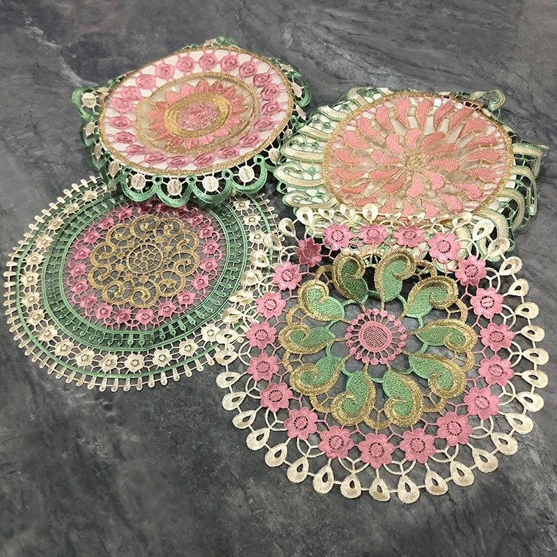

Embroidery Table Cloth Rainbow Gold Place Mat Christmas Round Placemat Cup Pads Coffee Mugs Tea Coaster Napkin Doily Kitchen FR7