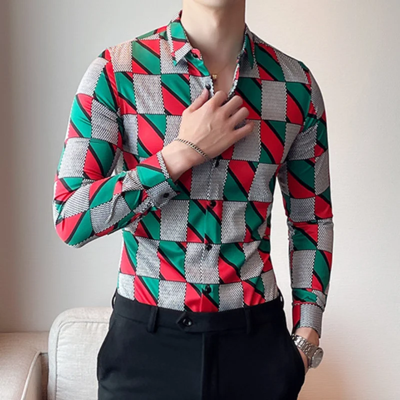 

British Style Shirt Men Flower Shirt Casual Shirts Slim Fit Dress Fashion 2022 Spring Mens Long Sleeve Digital Printing Shirts
