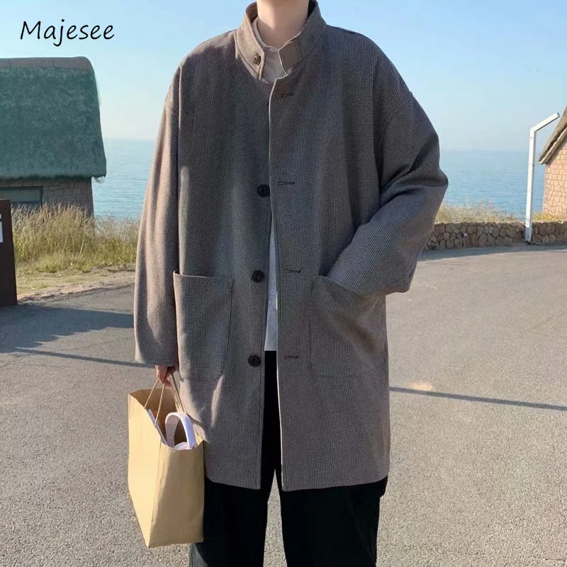 

Blends Men Simple Solid Loose Autumn Stand Collar Large Pocket Casual Japanese Style Male All-match Overcoats Popular Fashion