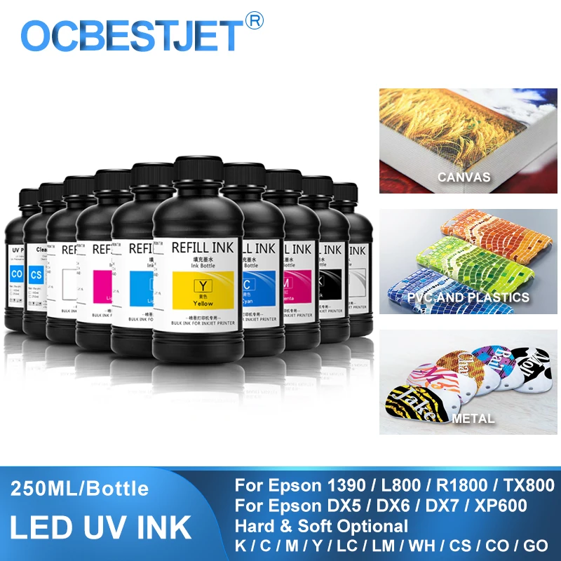 250ML LED UV Ink For DX4 DX5 DX6 DX7 DX10 TX800 XP600 Printhead For Epson 1390 L800 L1800 L805 R1800 R1900 UV Modified Printer