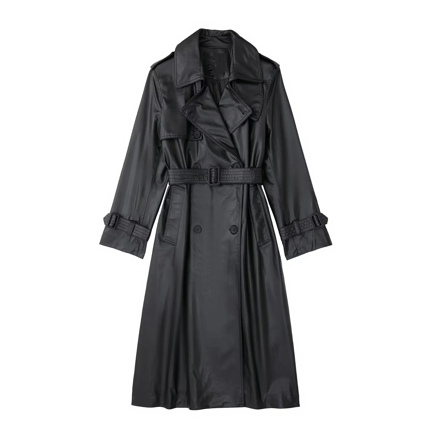 2022 New Winter Long Women Pu Jackets with Belt Notched Female Faux Leather Trench Coats with Pockets Double Breasted Jacket