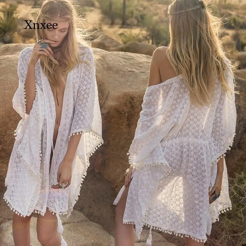 

Tassel Bikini Cover-Up Women Batwing Sleeve Loose Beach Hollow Bohemian Kimono Ladies V Neck Sashes White Lace Summer Boho Top