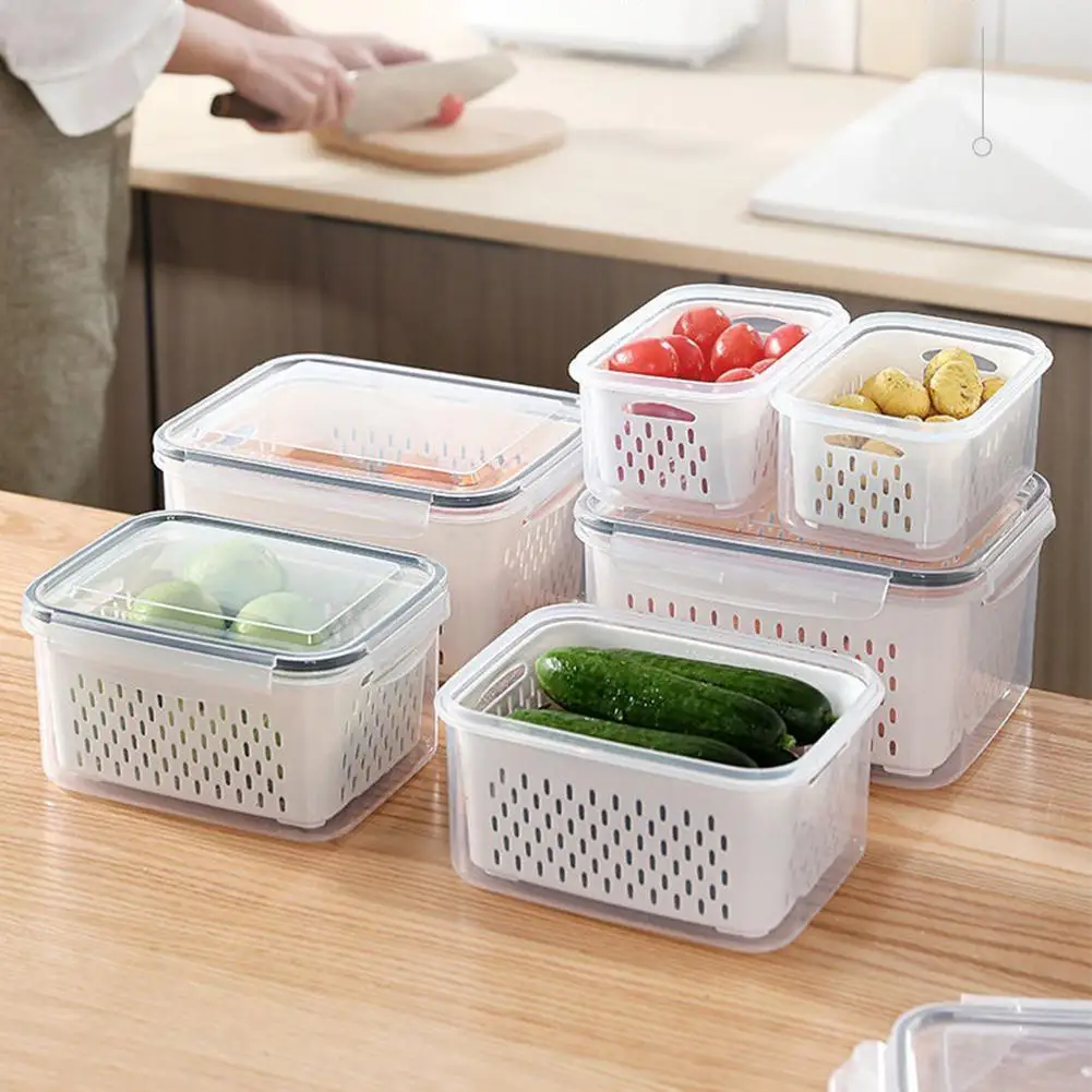 

1pcs Refrigerator Storage Box Fridge Fresh Kitchen Organizer Vegetable Fruit Boxes Drain Basket Kitchen Storage Containers Lid