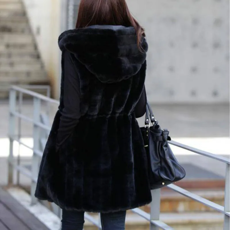 Beige Faux Fur Vest Winter Autumn Artificial Thick Warm Fur Vest Black Sleeveless Hood Slim Long Coat Office Lady Fashion Jacket