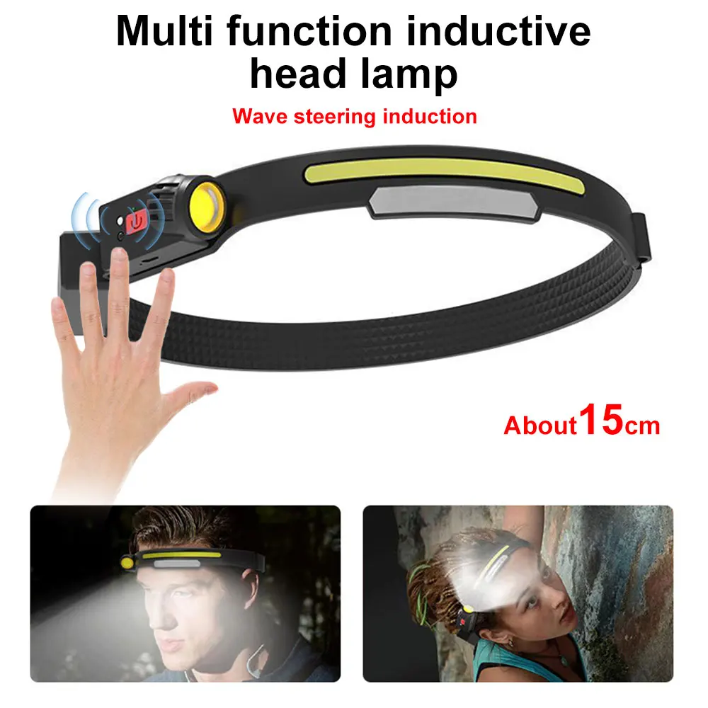 LED Induction Headlamp COB Headlight Built-in 1200mAh Lithium Battery Rechargeable Portable 5 Modes Warning Head Torch