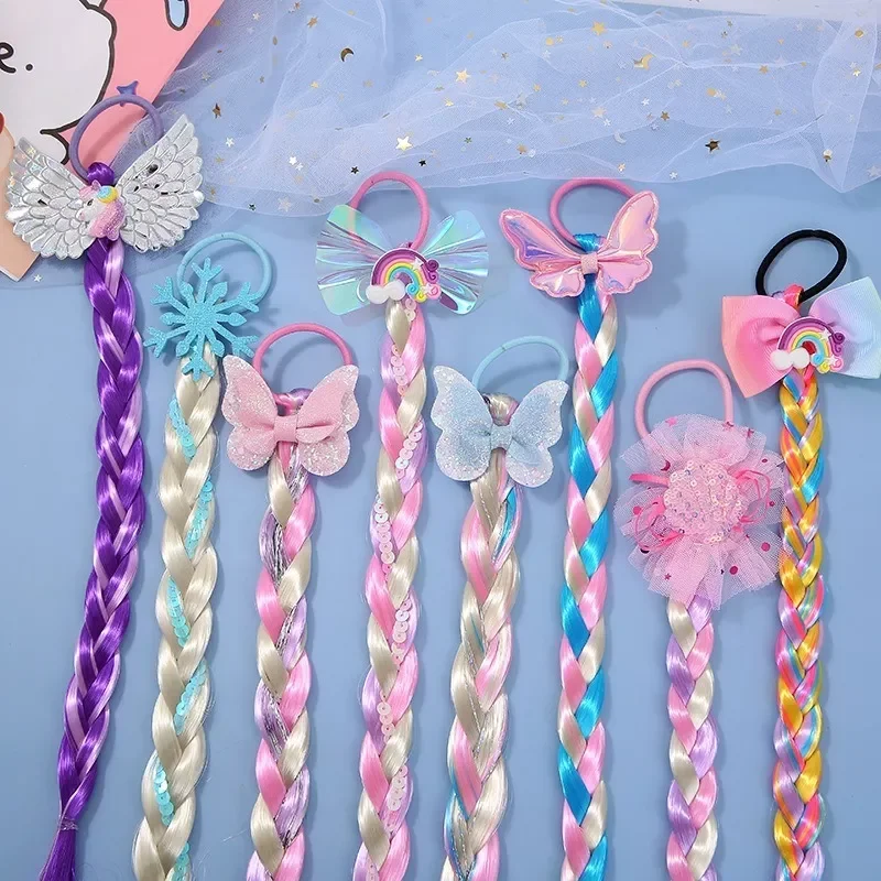 

2022 New Girls Cute Cartoon Bow Butterfly Colorful Braid Headband Kids Ponytail Holder Rubber Bands Fashion Hair Accessories