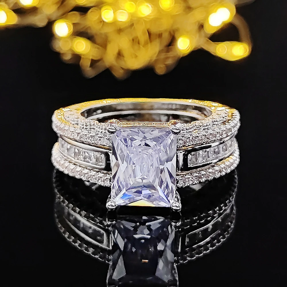 

2022 New Arrival Luxury Princess silver color bride Wedding Ring Set For Women Lady Anniversary Gift Jewelry Bulk Sell R5864