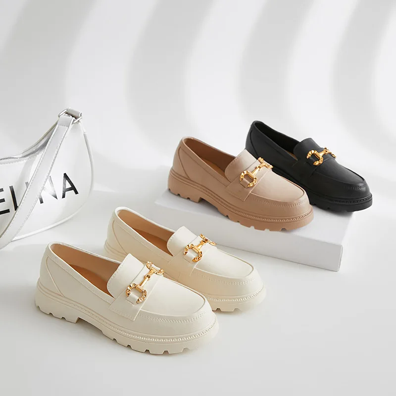 

2022 New Loafers Spring and Autumn British Style Retro Little Gold Buckle Round Head PVC Slip-on Thick Sole Loafers