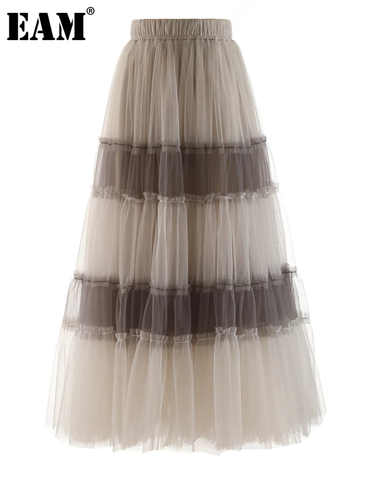 

[EAM] юбка с высокой эластичной талией, серая, в полоску, с цветными блоками, сетчатая, длинная, средней длины, женская мода, новинка, весна-осен...