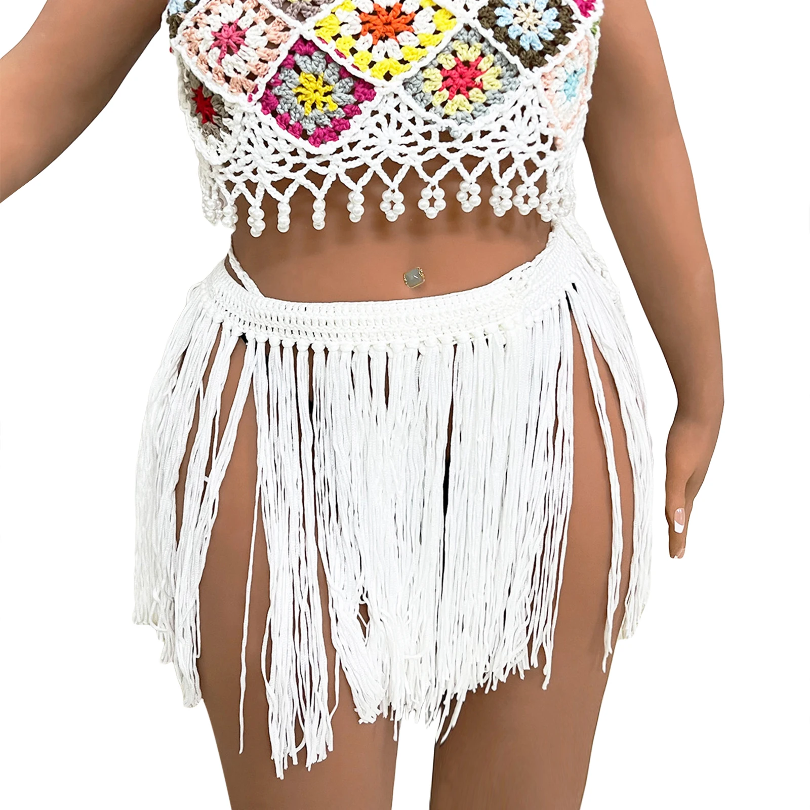 

Женская вязаная накидка-саронг, однотонная пляжная мини-юбка с бахромой, летняя прозрачная накидка на купальник