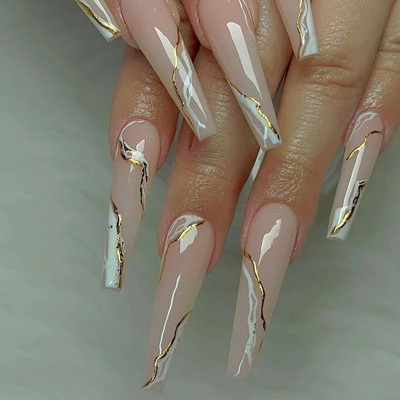 24Pcs Marbling Gold Lines Nail Tips Nude Long Coffin Fake False Square Ballerina Nail Tips With Glue Reusable Finished Tips
