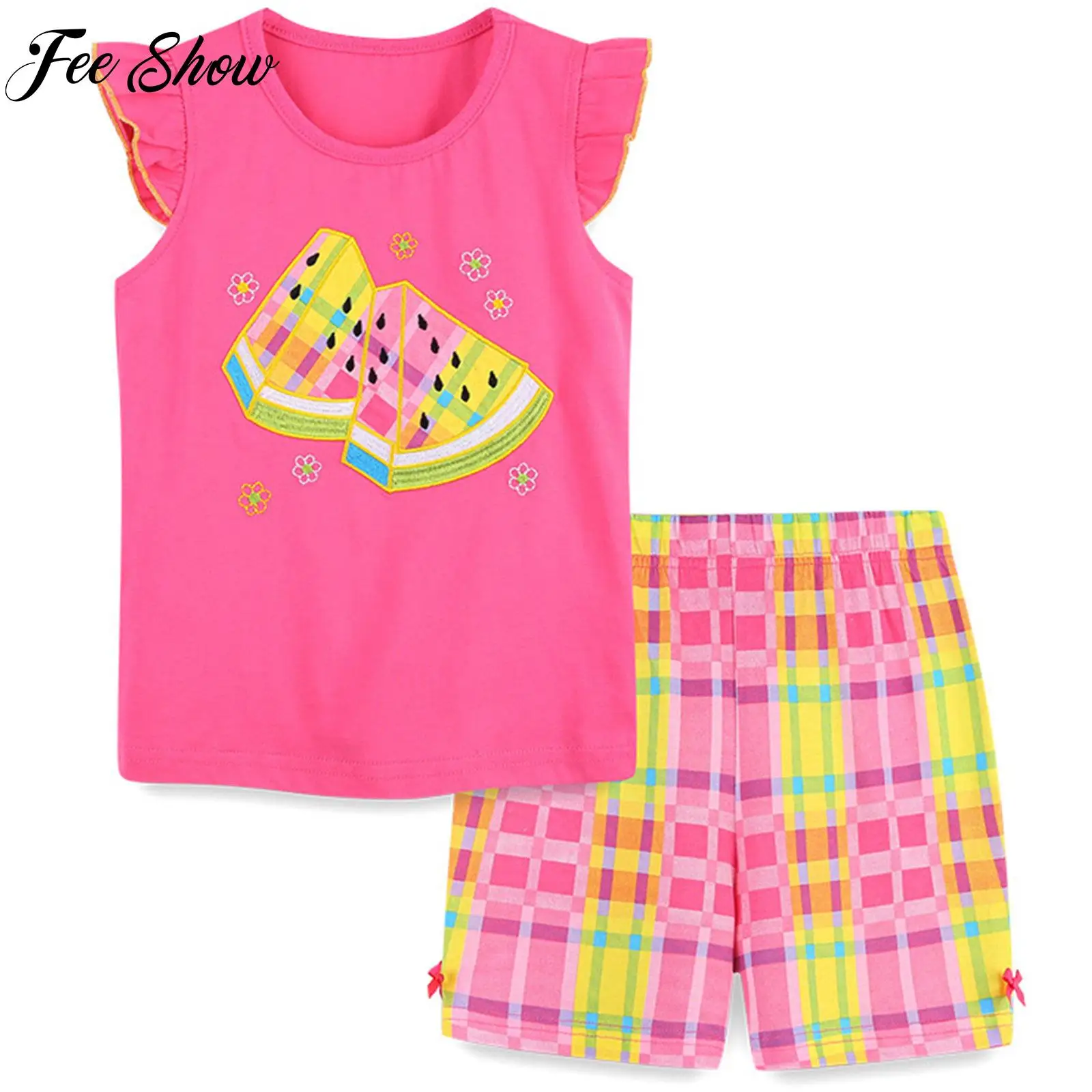 

Детские летние спортивные костюмы для девочек, комплект из двух предметов с вышивкой из мультфильма, футболка с рукавом-летучая мышь и клетчатые шорты с эластичным поясом, наряды